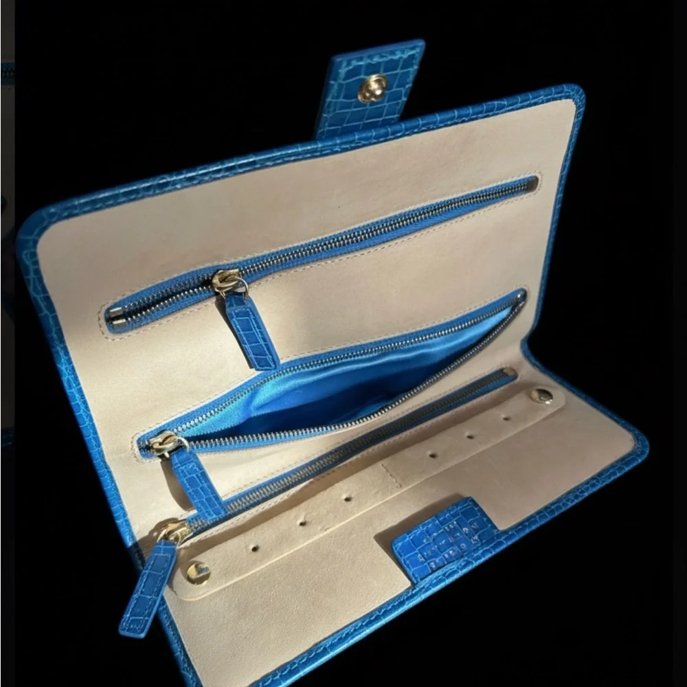 Smythson Turquoise Croc Embossed Jewelry Roll Travel Pouch Case Folio Clutch - Picture 4 of 10